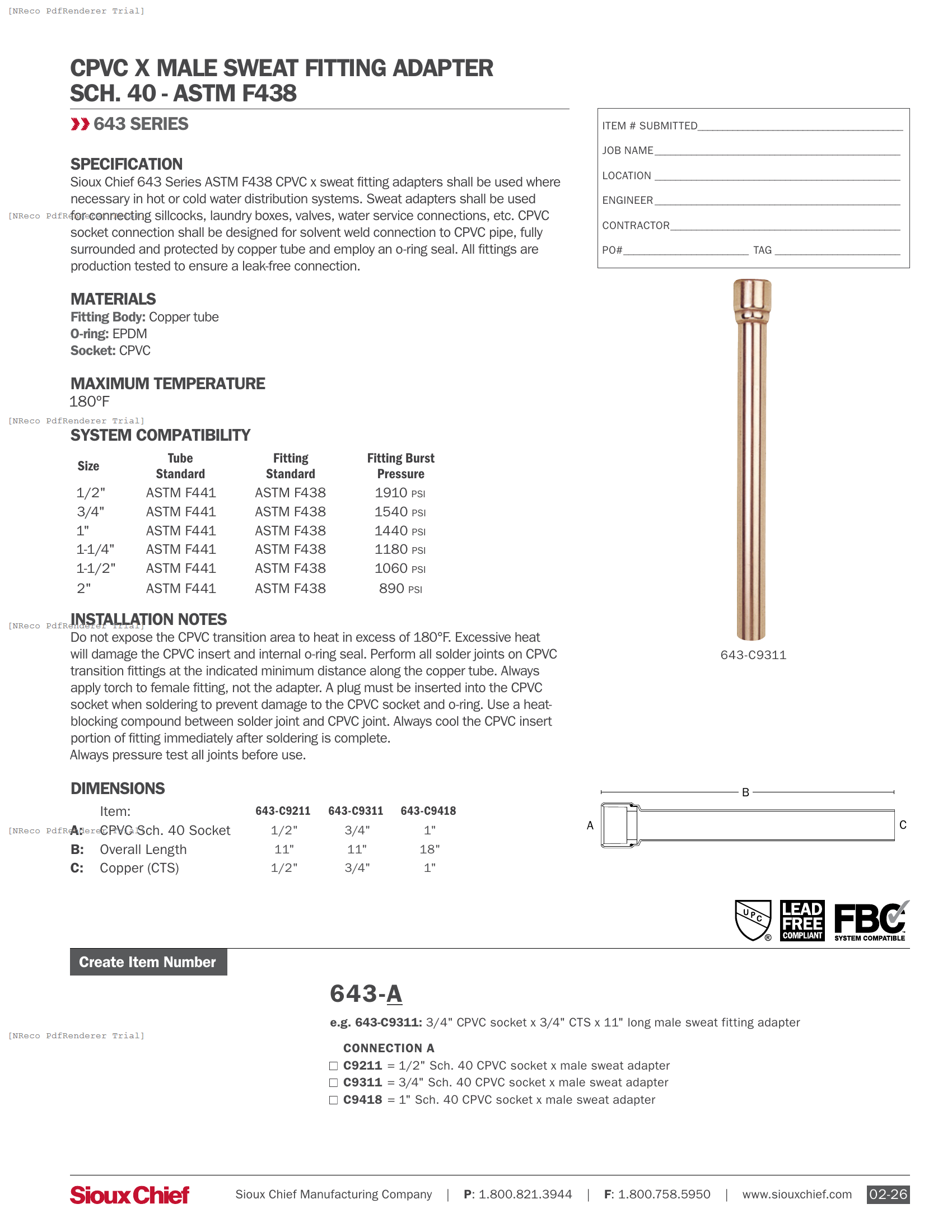 643 SERIES - CPVC F438 MALE SWEAT ADAPTER - SPEC SHEET.PDF Specification Document